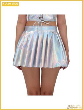 Metallic Holographic Mini Skater Skirt High Waist Pleated Dance Skirt